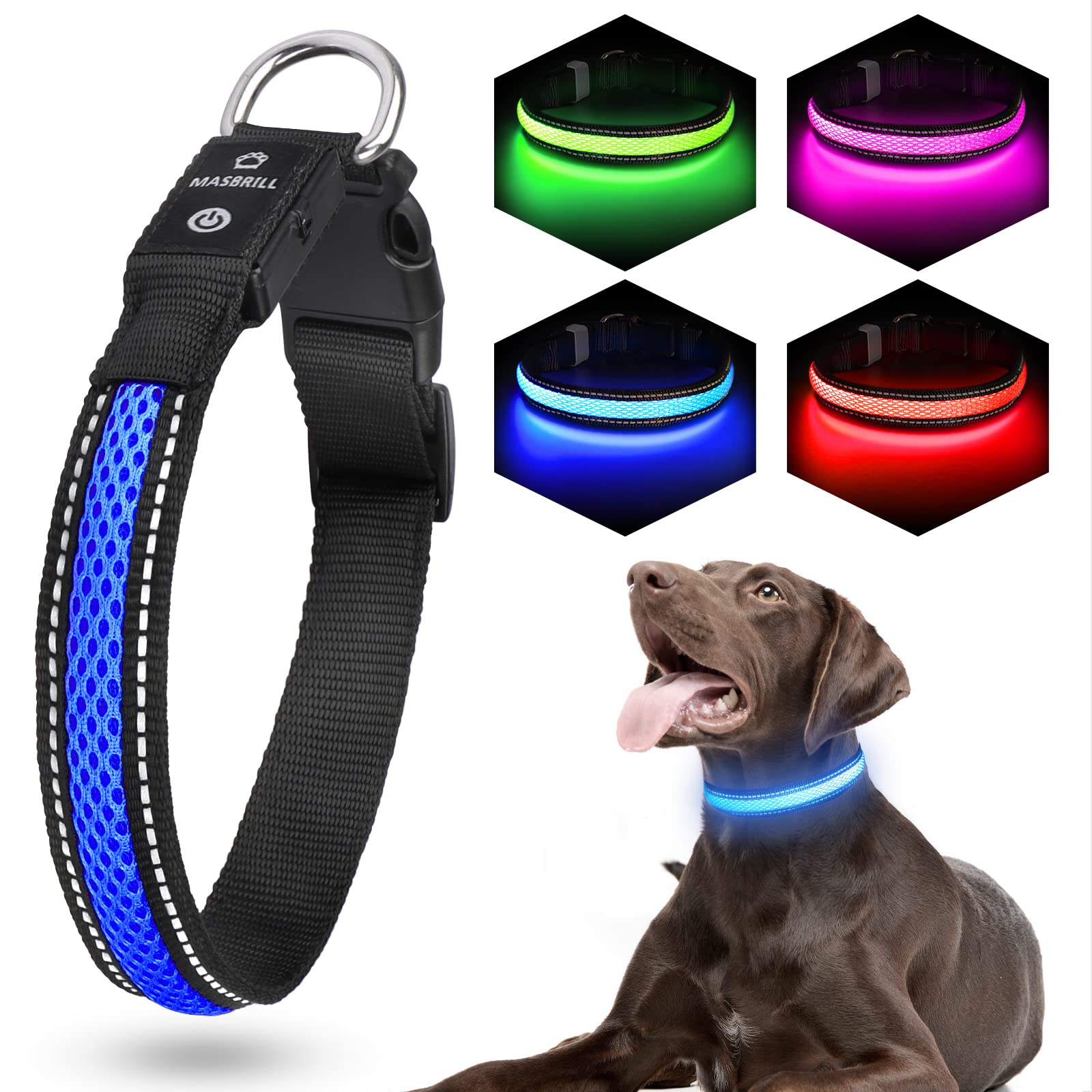 MASBRILL LED Dog Collars Flashing Light Up Dog Collar Rechargeable and  Safety Night Glowing Dog Collar for Small Medium Large Dogs Blue-S 